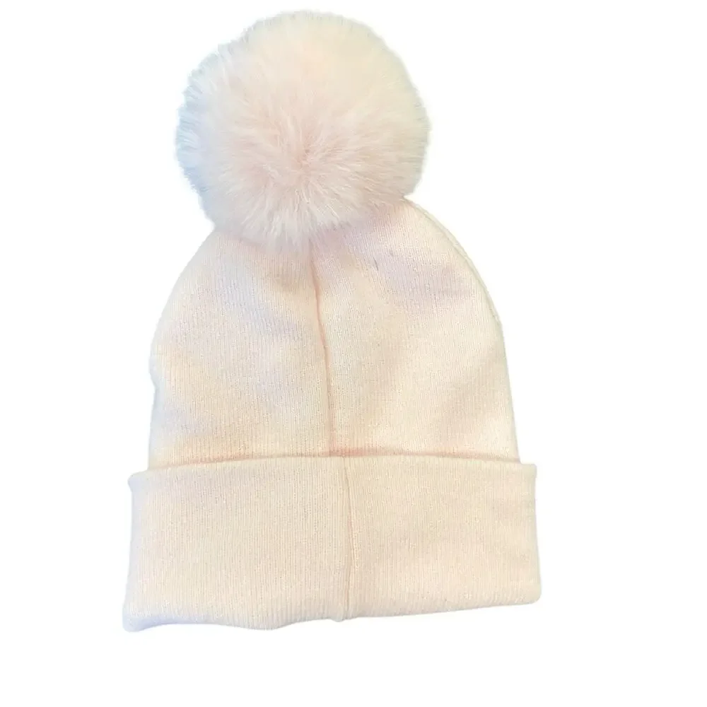 Juicy Couture Girls Light Pink Pom-Pom Beanie with Crystal Dogs